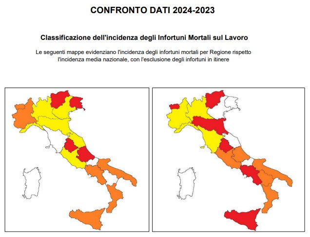 infortuni sul lavoro 2024 - mappa italia confronto 2023-2024